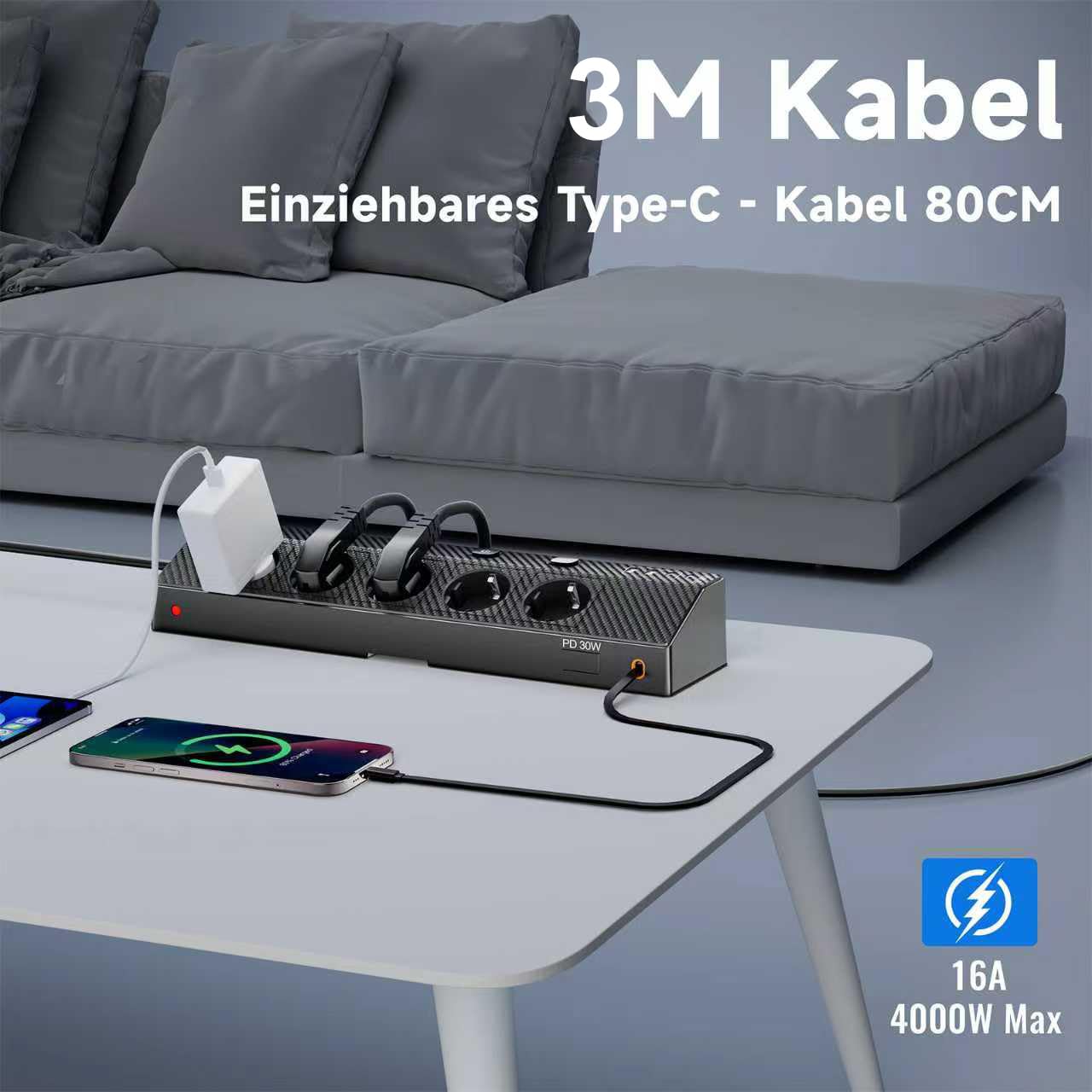 Ciabatta da tavolo con 2 USB C (PD 30 W), 5 prese multiple con interruttore, ciabatta con USB, 4000 W/16 A, cavo da 2 m, per casa, ufficio e viaggi (nero, 3 m e 30 W)