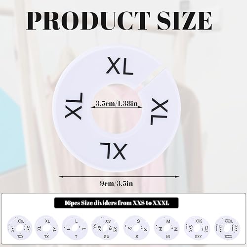 Miniatura 2 de 16 separadores de tamaño de ropa, anillos de tamaño para bastidores de ropa, redondos de plástico blanco, tamaños de ropa de armario, perchas
