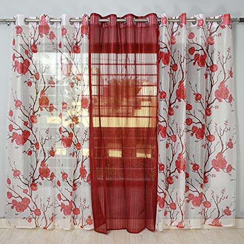 Image of Premium Polyester Floral Sheer Printed Net Combination Transparent Beautiful Curtains Set of 3 Piece for Window Maroon 5 Feet