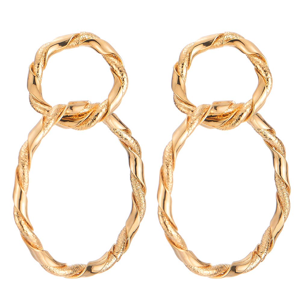Stylish Statement Earrings Double Braided Open Circles Hoops Link Large Drop Dangle, Gold, Banquet