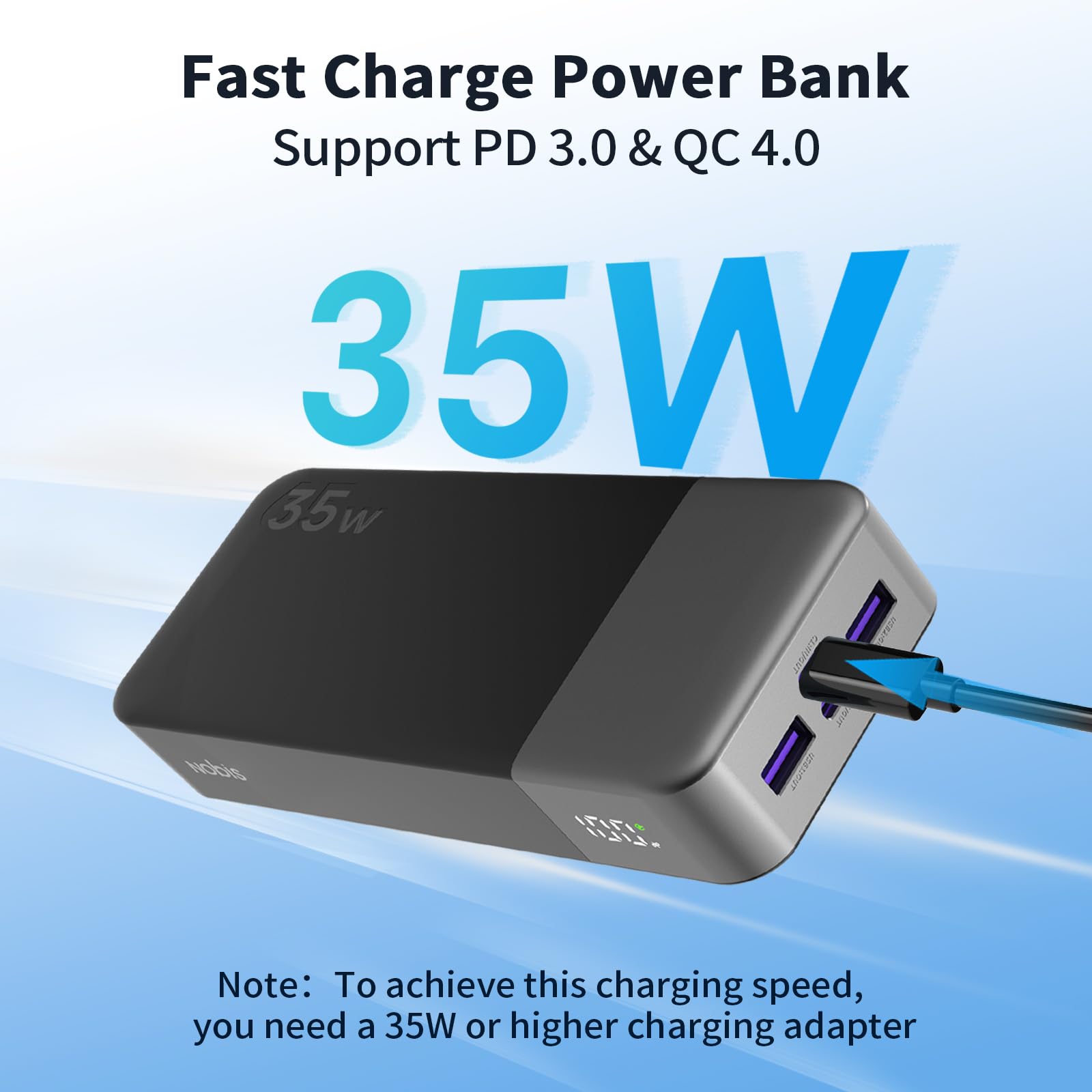 Nobis Power Bank 20000mAh 35W Power Bank Ricarica Rapida USB C In & Out,PD3.0 QC4.0 4 Porte Caricatore Portatile con Display Digitale a LED, Compatibile con Laptop, S23 Phone 16 (Nero)