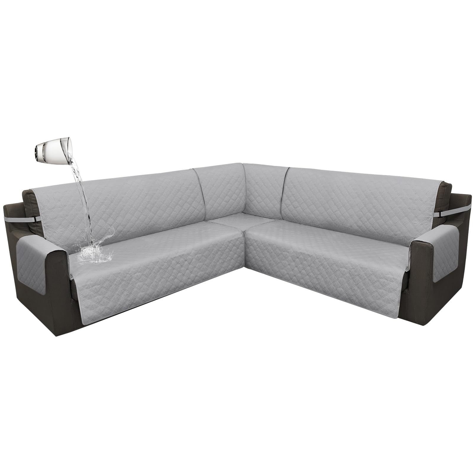 Arfntevss 100% Waterproof 3 Piece Corner Sectional Couch Covers L Shape Sofa Cover Set Living Room Universal Quilted Slipcover U Shaped Non Slip Cover Pet Dog Furniture Protector (Light Gray, Large)