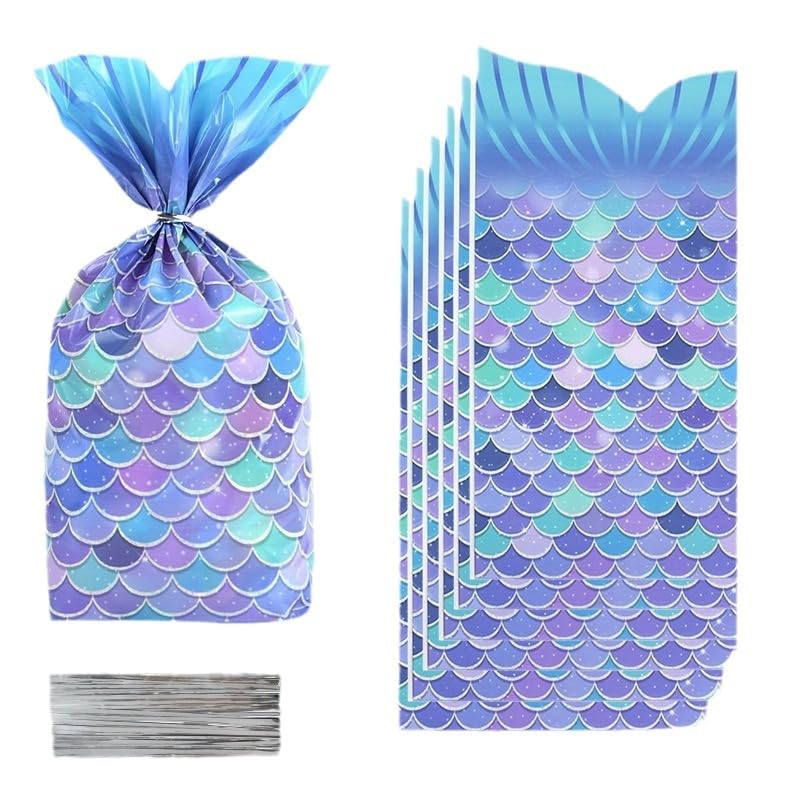 50 Sacos de Celofane de sereia para presentes, sacos de presente para festas ouro plástico bolsas doces de crianças para presentes festas de aniversário, Natal, casamentos, sacos de bolachas