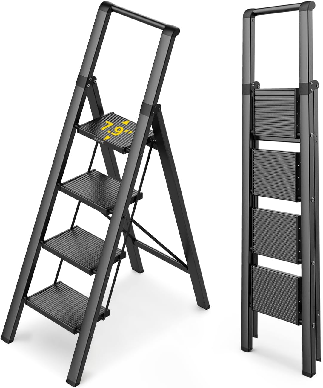 4 Step Ladder for 10 Feet High Ceiling, Lightweight Foldable Ladder with Non-Slip Wide Pedals, Step Stool with Safe Handrail, Space Saving for Home, Kitchen, Indoor & Outdoor 300lbs - Black