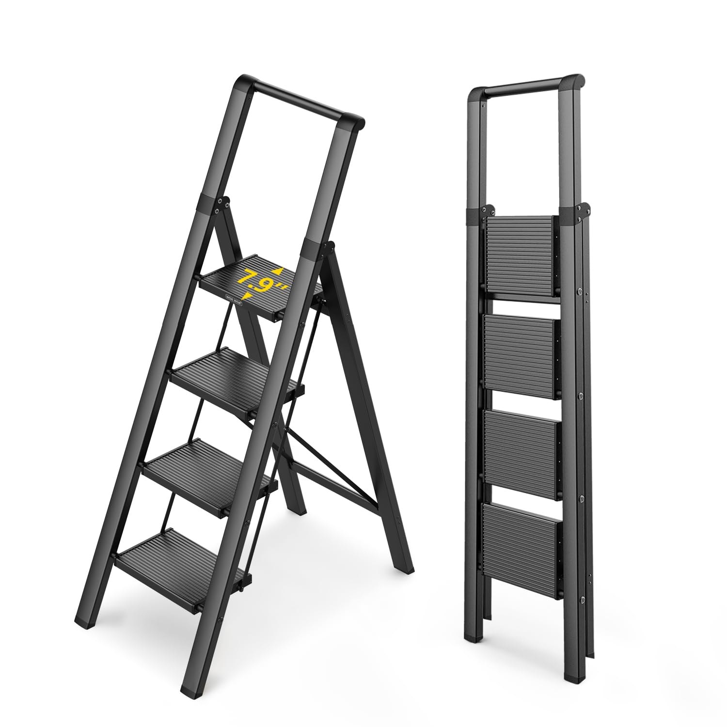 WOA WOA 4 Step Ladder for 10 Feet High Ceiling, Lightweight Foldable Ladder with Non-Slip Wide Pedals, Step Stool with Safe Handrail, Space Saving for Home, Kitchen, Indoor & Outdoor 300lbs - Black