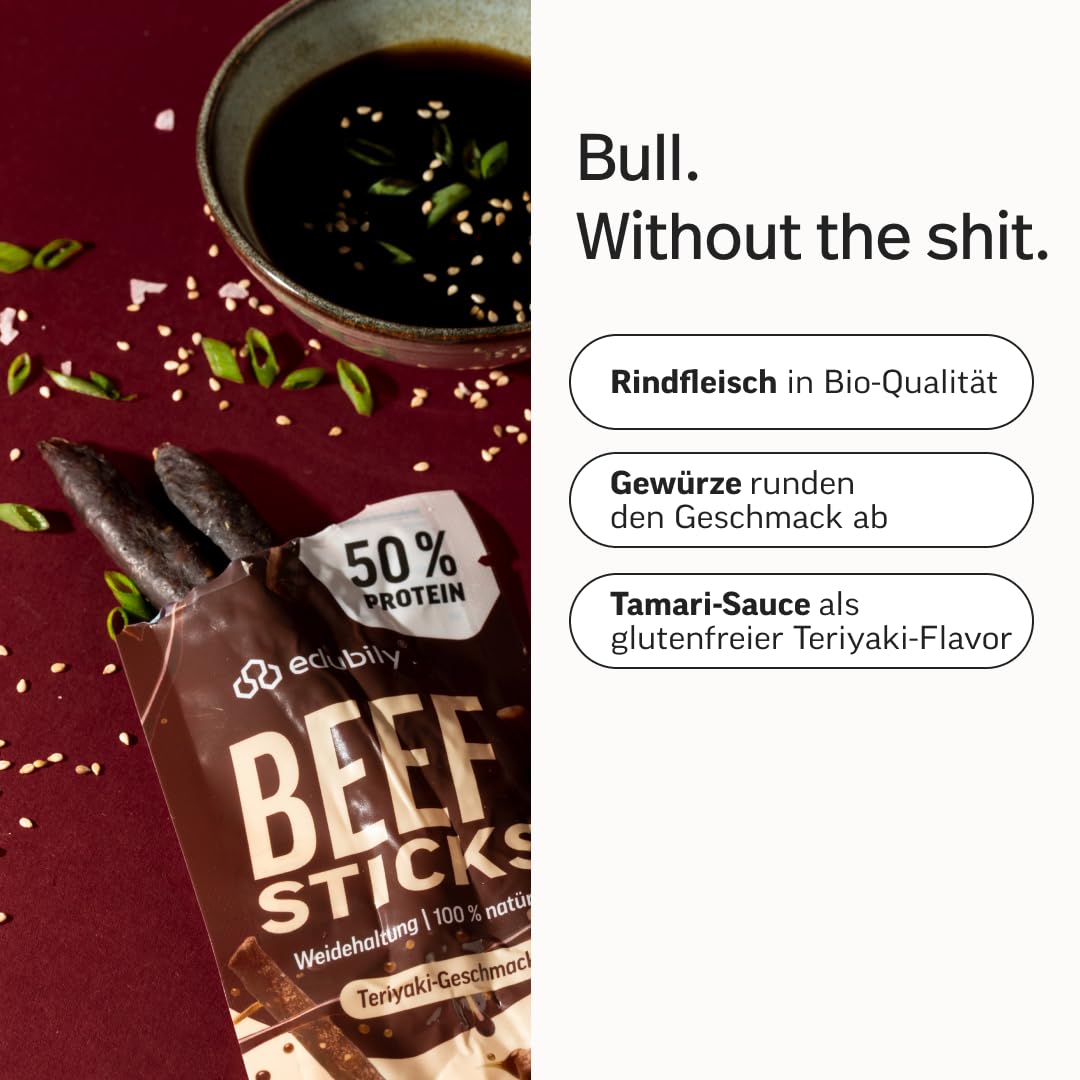 edubily® Beef Sticks Teriyaki - Beef Jerky Snack als herzhafter Protein-Snack für unterwegs - mit 50% Protein aus Bio-Rindfleisch & Tamari-Sauce - low carb (12x25 g, glutenfrei, Bio)