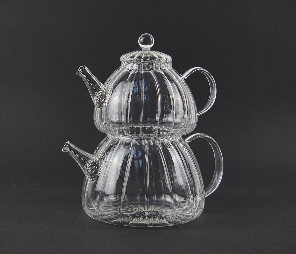 Teekanne Set - Transparentes Glas mit integriertem Filter, Cam Caydanlik, 800ml Oberkanne & 1000ml Unterkannen Kapazität, Leicht zu reinigen und Spülmaschinenfest