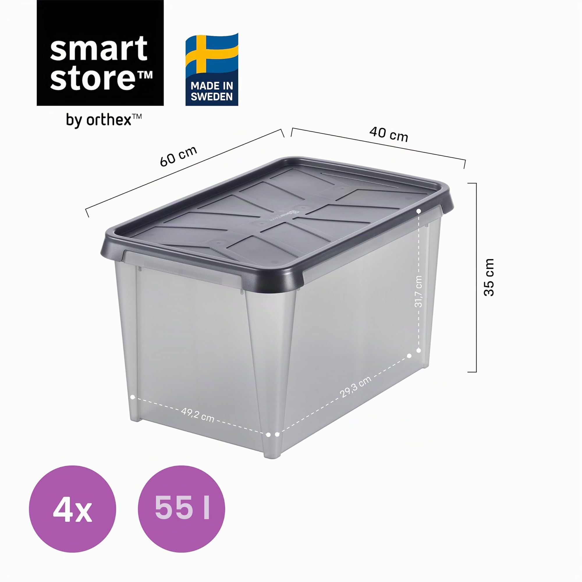 SmartStore Aufbewahrungsbox mit Deckel 55 L I 4er Set Stapelboxen I 60 x 40 x 35 cm I Wasserfest, Staubdicht I Garagen-Aufbewahrungsbox I Lebensmittelecht, BPA frei I Made in Sweden, 10 Jahre Garantie