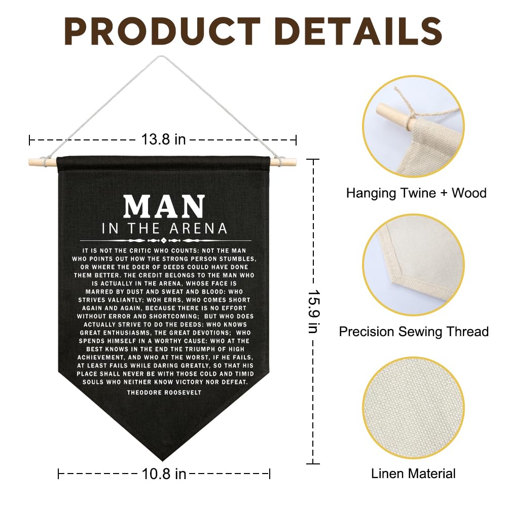 JMYROG The Man in the Arena by Theodore Roosevelt Canvas Hanging Pennant Flag, Home Nursery Boys Room Playroom Decor, Graduation Gifts for Son, Inspirational Quote for High School College Graduation