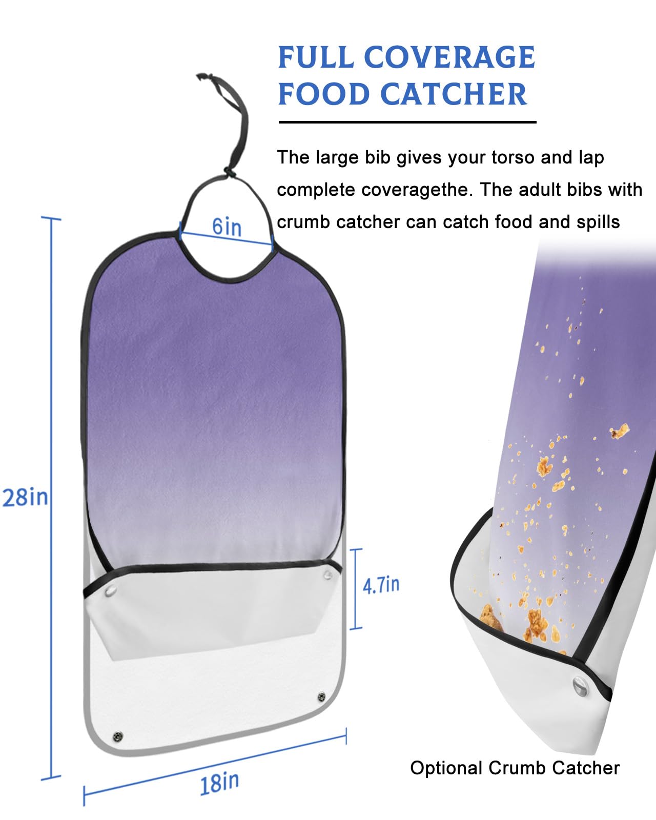 Abstract Modern Gradient Art Adult Bib for Eating with Crumb Catcher,Washable & Waterproof Terry Cloth Adjustable Elderly Women Men Adult Bibs Funny Apron Clothing Protector Ombre Purple White Color