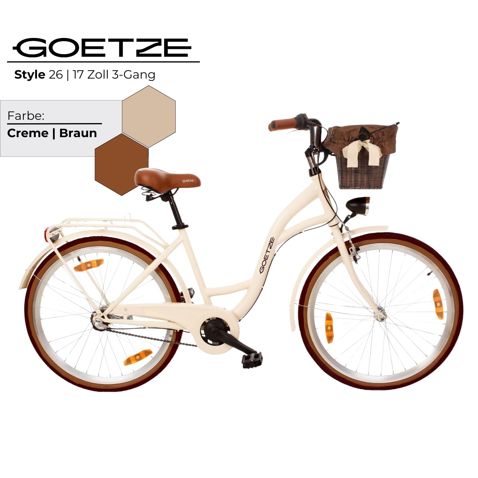 Goetze Style 26 Zoll Citybike, 17 Zoll Tiefeinsteiger Rahmen, 3-Gang Nabenschaltung, Rücktrittbremse, V-Bremse vorne, LED-Beleuchtung, Rattankorb, Komfortsattel, mit Seitenständer & Klingel