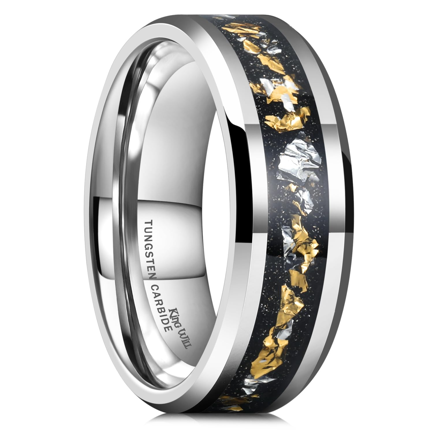 King Will Mens Wedding Band with Foils Inlay, Black/Silver/Gold