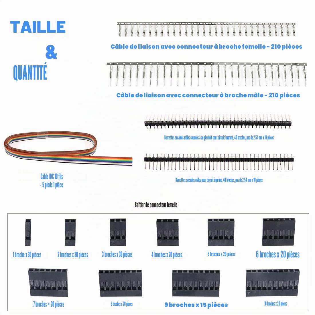 Glarks Lot de 635 connecteurs mâle/femelle, 40 broches, pas de 2,54 mm et 10 câbles plats IDC de couleur arc-en-ciel