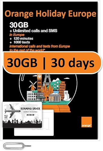 Orange Holiday Europe Prepaid Sim 30GB Internet Data  30 días de uso  Se permite la conexión de datos  120 minutos y 1000 SMS de Europa a cualquier