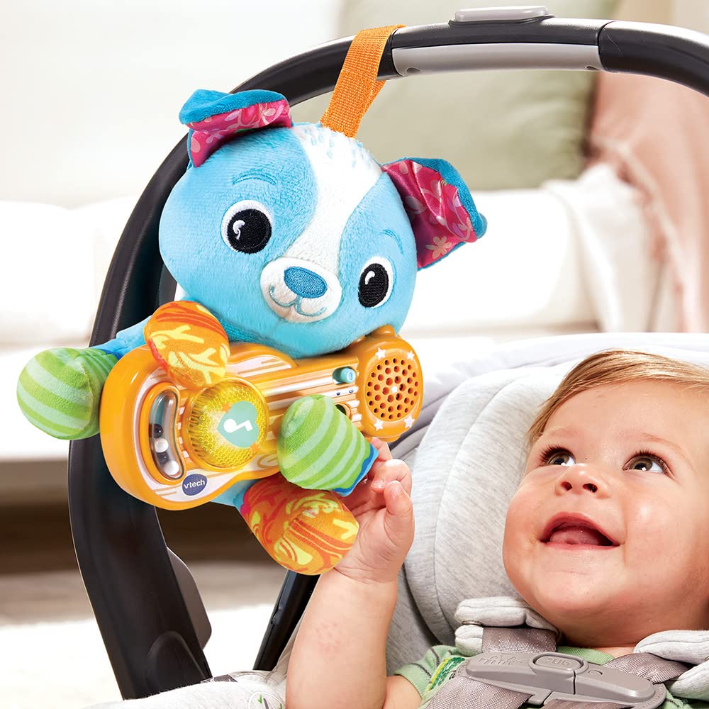 VTech - Tango, P'tit Musician Dog, Pluszowy szczeniak dziecka z interaktywną gitarą, budzenie muzyczne, zabawka do wózka, fotelik samochodowy i park dla niemowląt, prezent dla dzieci od 3 miesięcy -
