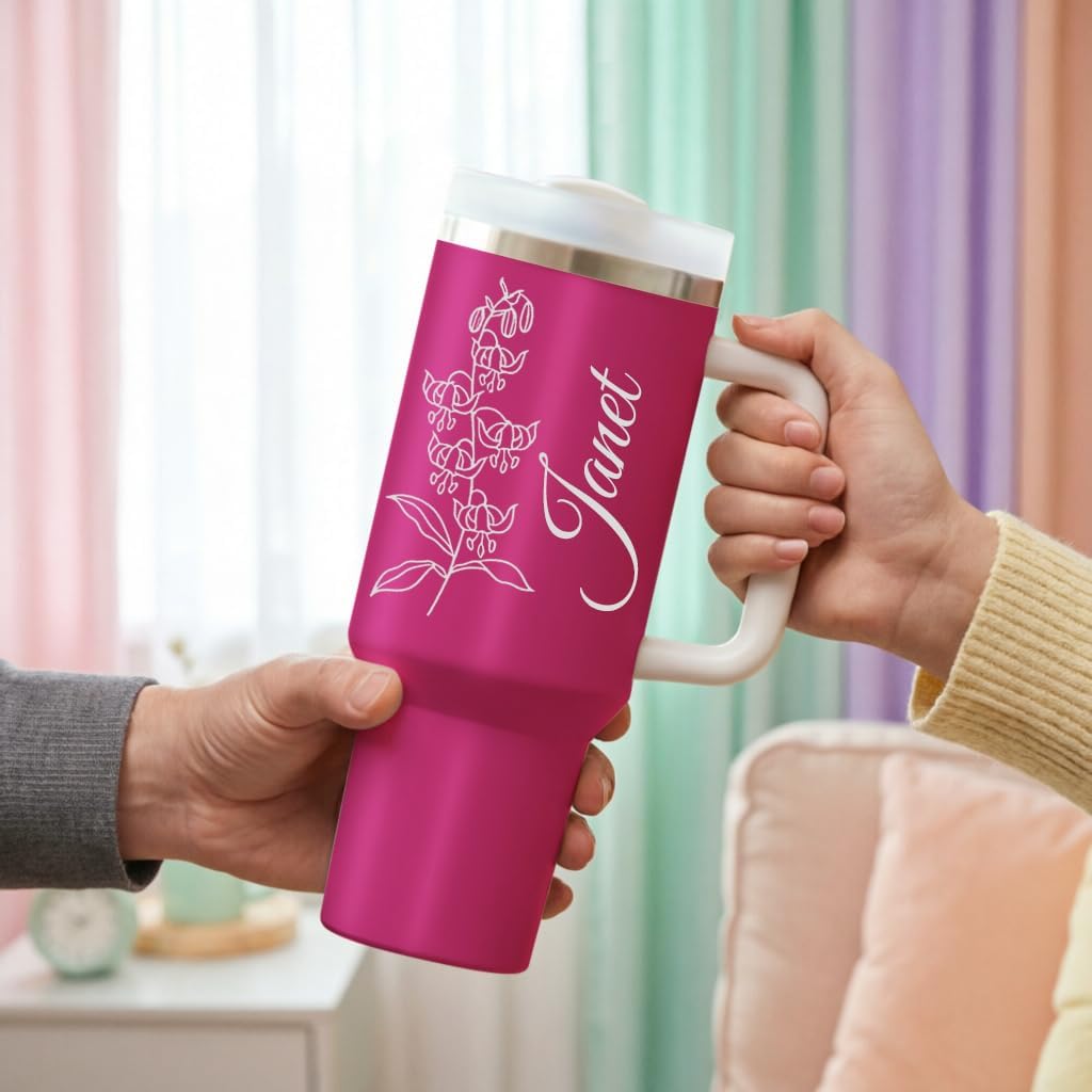 Personalized 40 Oz Tumbler with Handle and Straw, Custom Name & Birth Flower Stainless Steel Coffee Tumbler, Insulated Travel Cup with Lid, Birthday Gifts for Women Mom Daughter (Brith Flower 1)