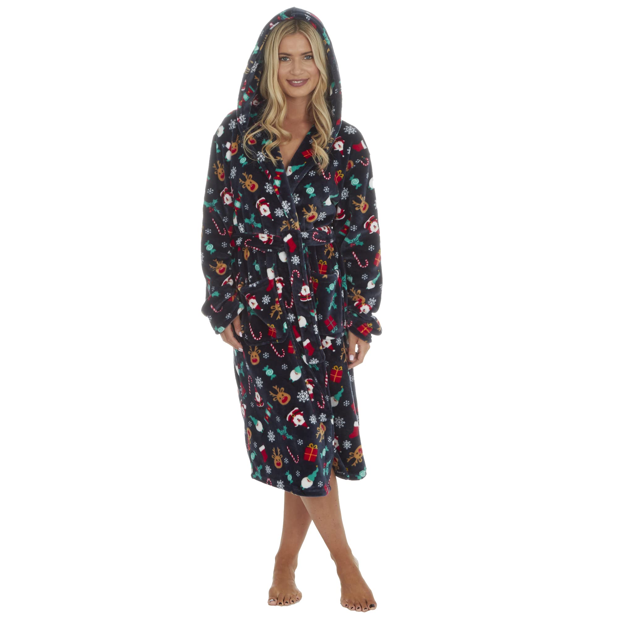 WS-AW22 Ladies Womens Christmas Hooded Dressing Gown Xmas Printed Bath Robe Navy Medium