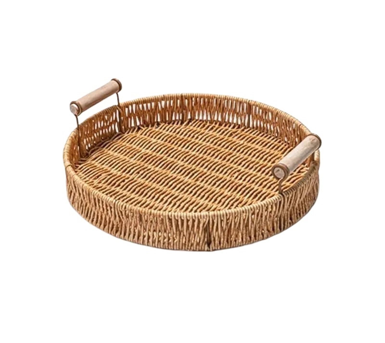 Rattan Strap Handle Storage Basket Bread Snack Fruit Round Tray Picnic Woven for Home(L)