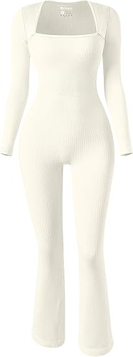 OQQ Monos de manga larga para mujer, acanalados, de manga larga, para yoga, acampanados, overoles acampanados