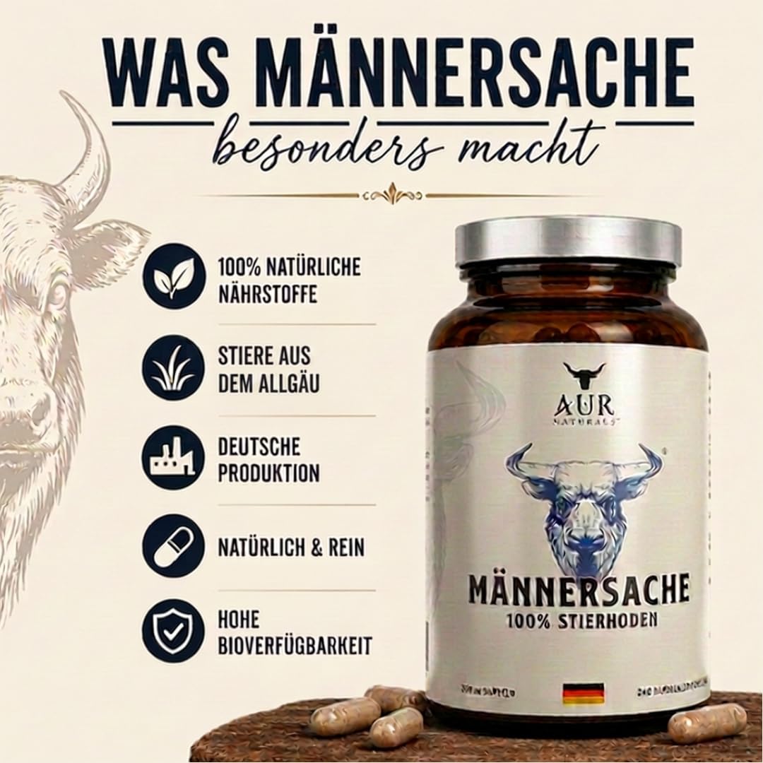 Stierhoden Kapseln – 240 Kapseln aus 100% Beef Testicles vom Weiderind aus dem Allgäu | Natürliches Male Performance Supplement I Männersache | Tierisches Organ-Supplement | AUR Naturals