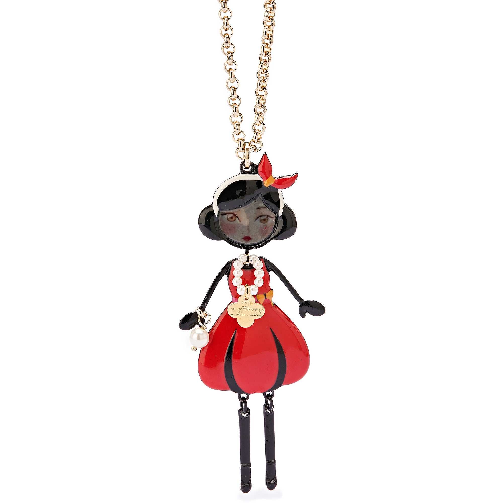 Le Carose Joie Collection Women's Necklace - Flappers Necklace in Bronze with Electroplated Gold Bath - Doll with Red Enamel Size: Length 80 cm, Size Dolls, Medium, Bronze, No Gemstone