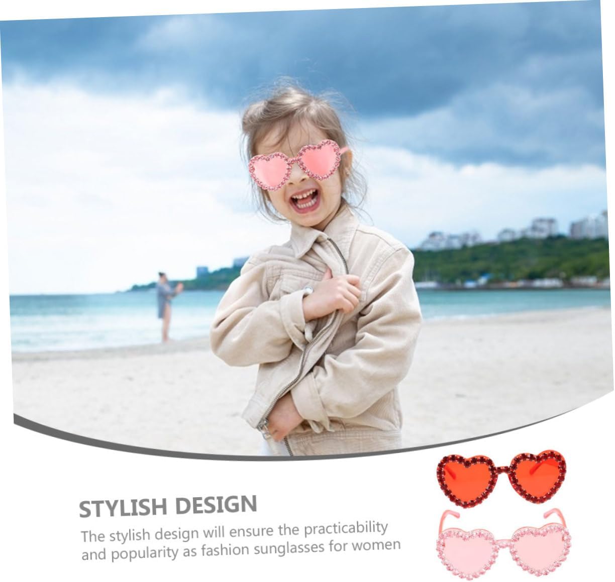 GLEAVI 2pcs Heart Sunglasses for Women Pink and Deep Red Rhinestone Rimless Heart Shaped Glasses Stylish Eyewear for Valentine’s Day Beach Party