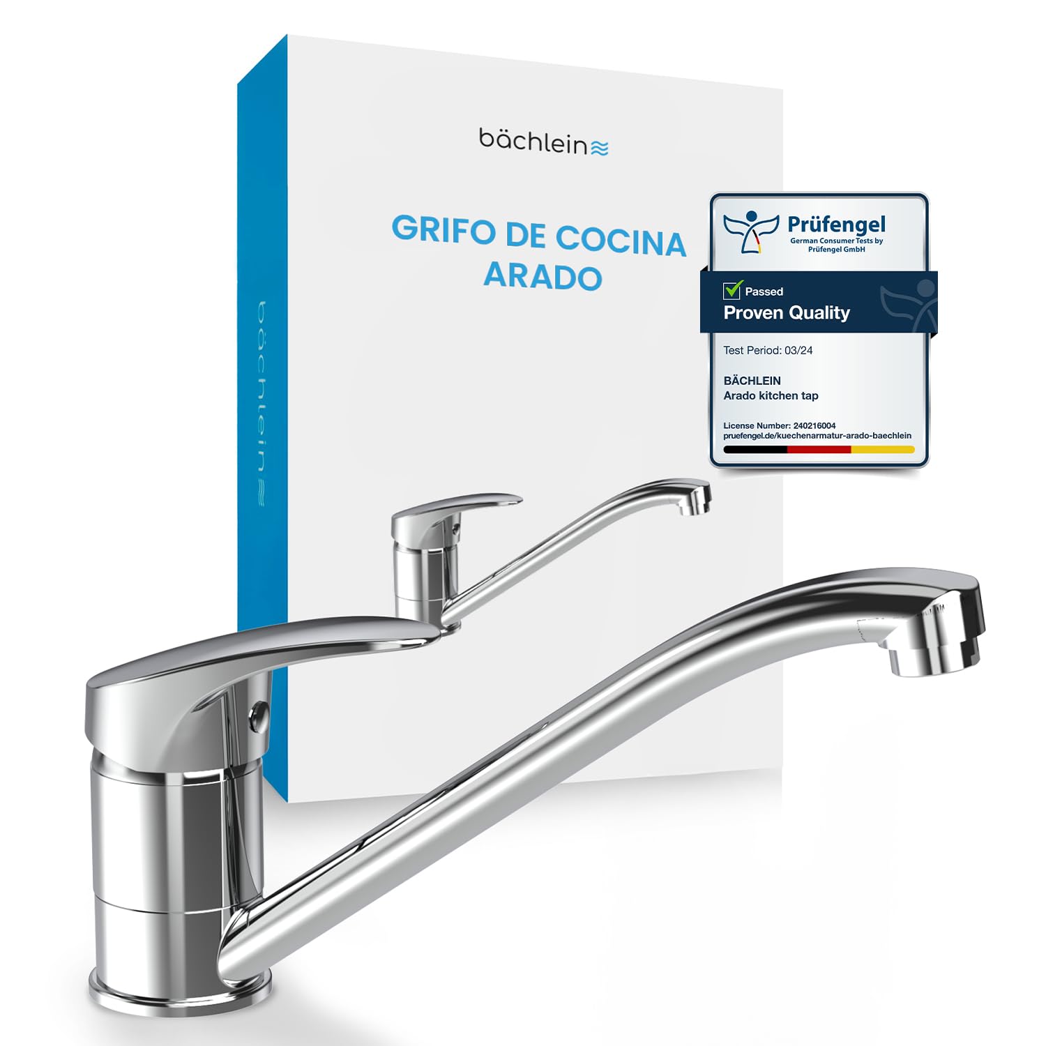 Bächlein Grifo de Cocina Giratorio 360 Grados (Cromo)- Mezclador Monomando de Fregadero Cromado con Caño Giratorio 360°, Grifo Para la Cocina en Diseño Extra Sólido