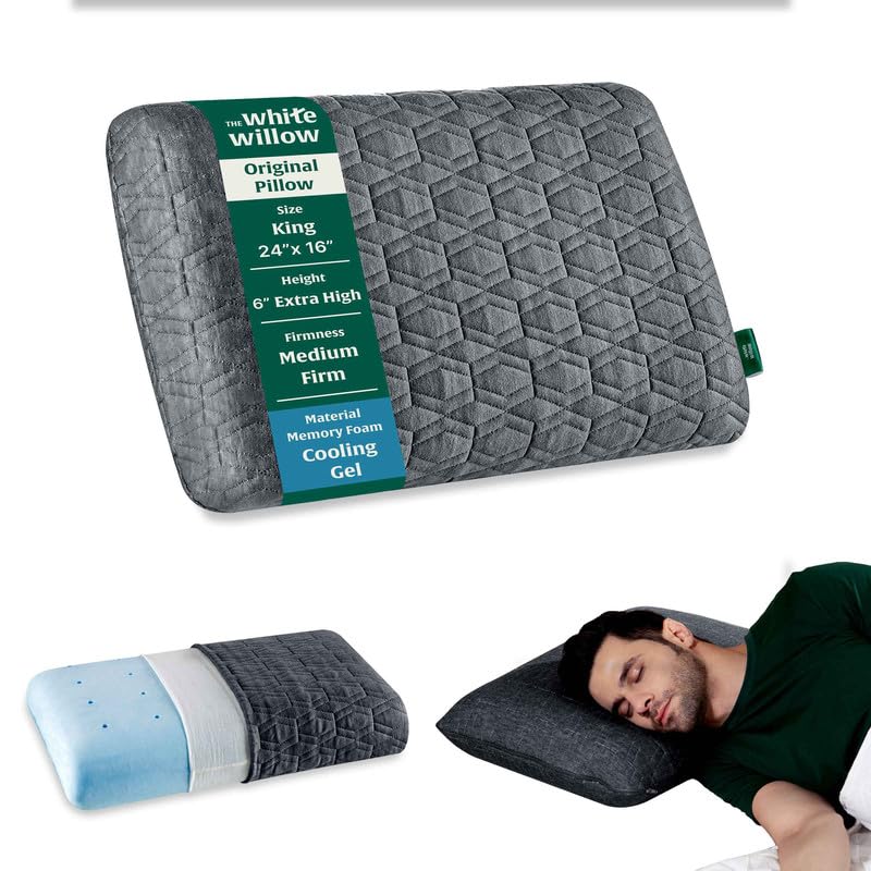 The White Willow Memory Foam Pillow for Neck & Shoulder Pain Relief-Cool Gel-Cervical Pillow for Sleeping-Orthopedic Bed Pillow for Back & Side Sleepers-Medium Firm- Extra Thick King Size-6" H-Grey