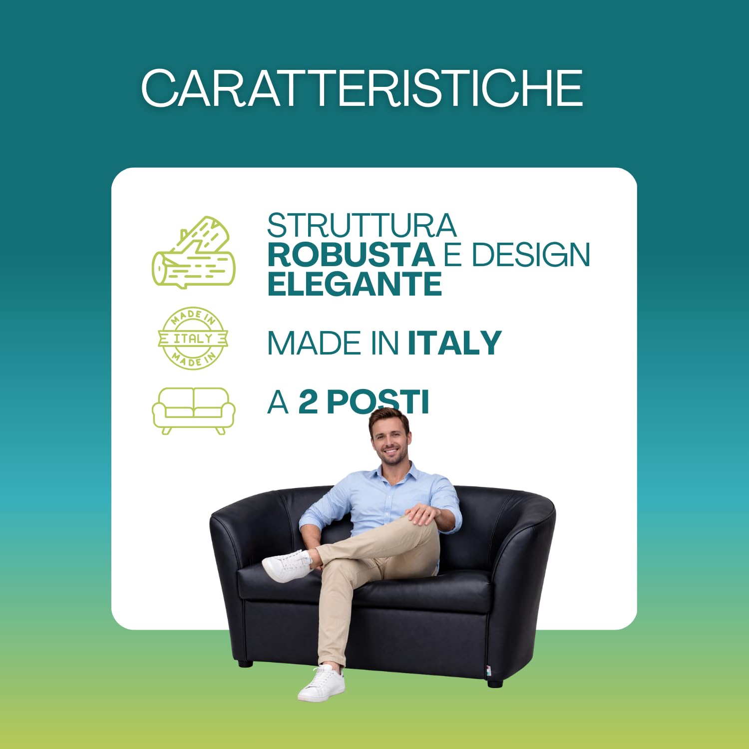 PALUPLUS Divano Pozzetto Artigianale a 2 Posti colore Nero, Misura 123x67x76 cm, Tessuto Ecopelle, Piedini in Plastica, Struttura Robusta, Design Elegante, per Casa e Ufficio, Made in Italy -C -24