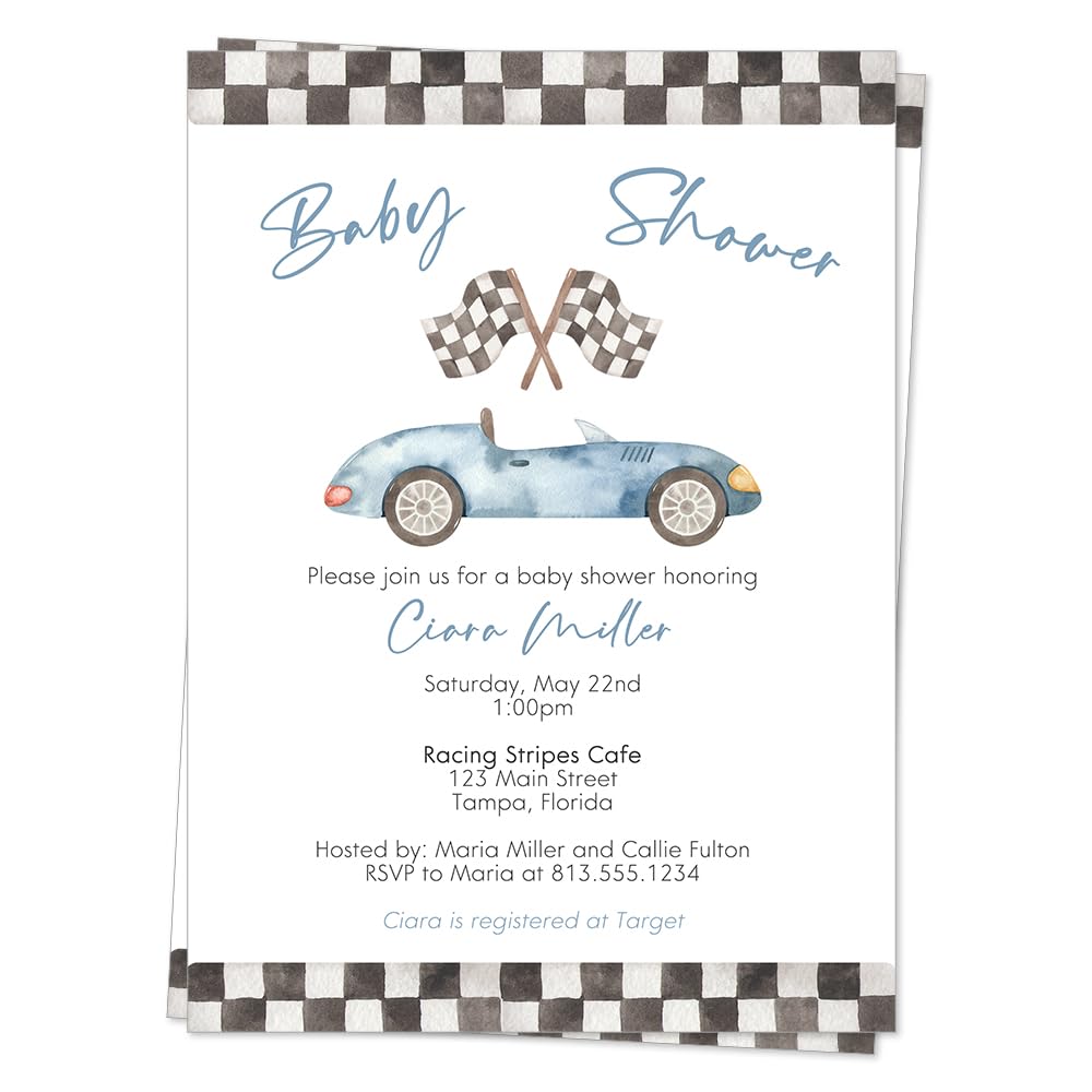 Race Car Baby Shower Invitation Baby Shower Racing Car Vintage Watercolor Racing Stripes Blue Automobile Printed Cards Customized Personalized Cards (12 Count)