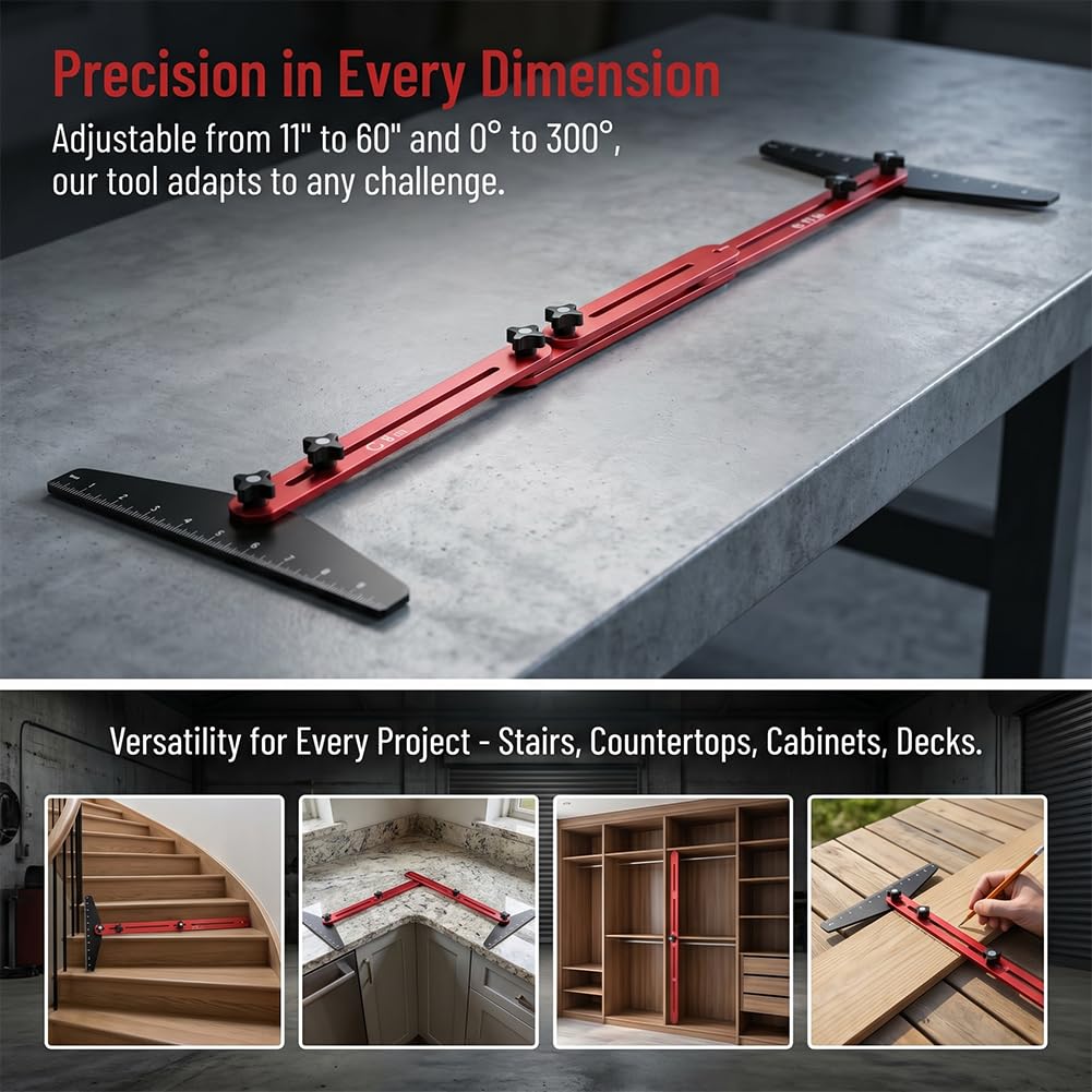 Ensemble d'outils de gabarit de marche d'escalier réglable de 20,3 cm à 182,9 cm en aluminium pour mesurer avec précision la longueur et la profondeur, jauge d'escalier pliable multi-angle, outil de