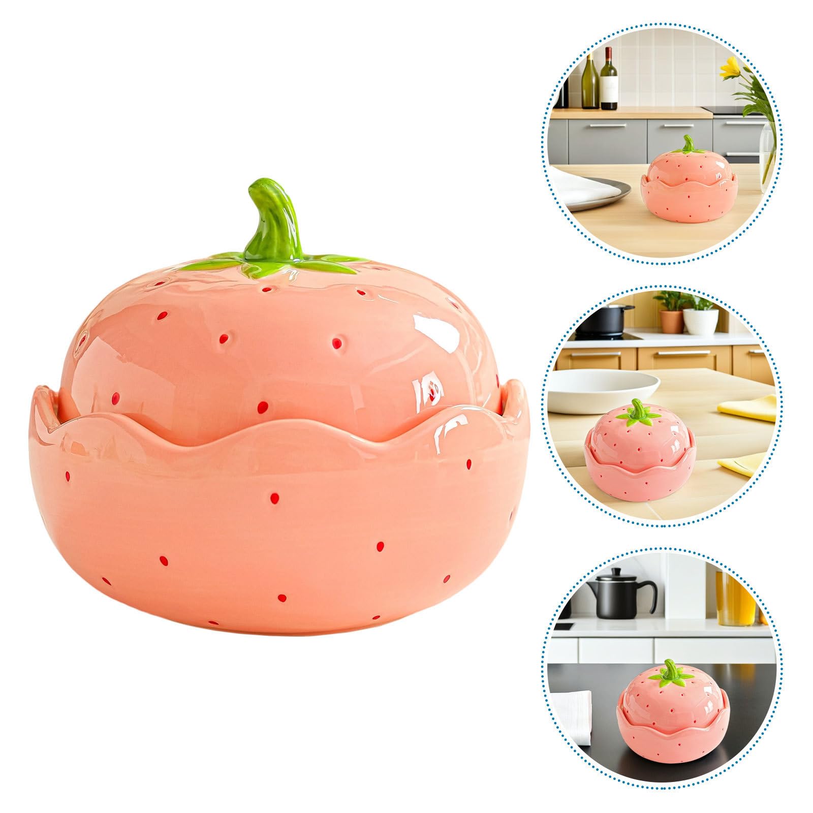 Kichvoe Tazón de Ramen de Cerámica Rosa Fresa con Tapa, 600 Ml | Diseño Decorativo Encantador, Apto para Rutinas Diarias y Trabajo, Conserva el Calor Frescura