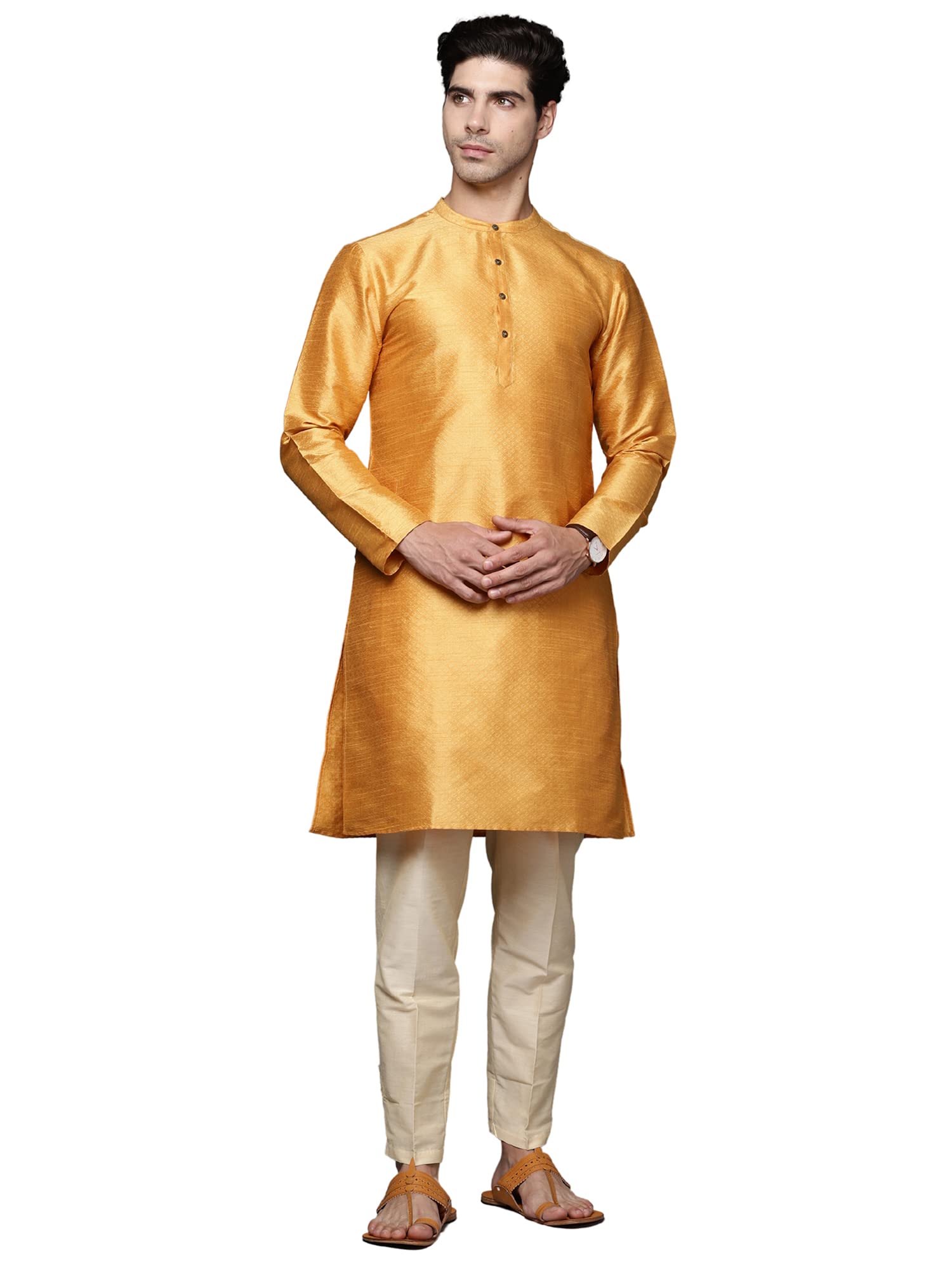 indo era Yellow Solid Silk Blend Straight Kurtas-picture-47