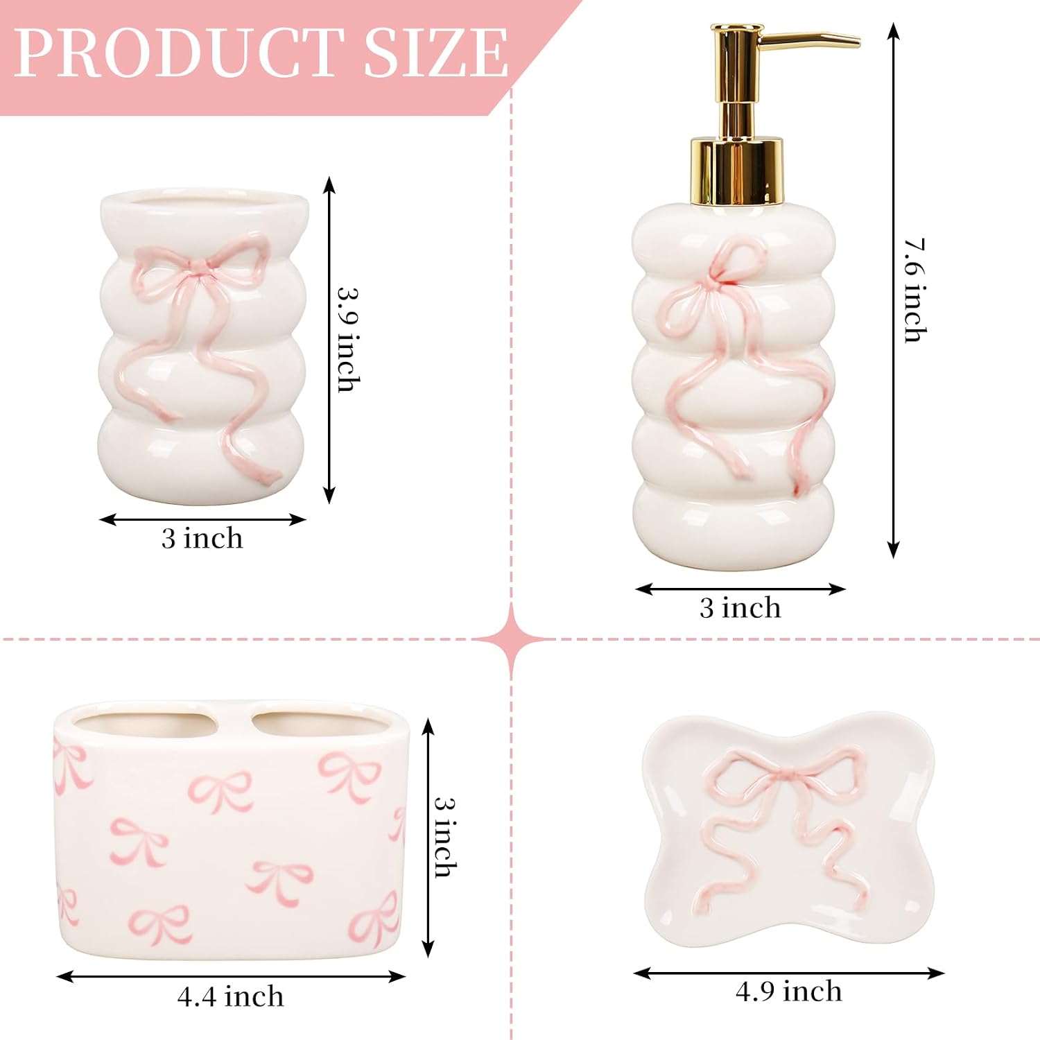JarThenaAMCS 4Pcs Pink 3D Bow Bathroom Accessories Coquette Ceramic Liquid Dispenser Toothbrush Holder Tumbler Soap Dish for Valentine's Day Home Vanity Decor