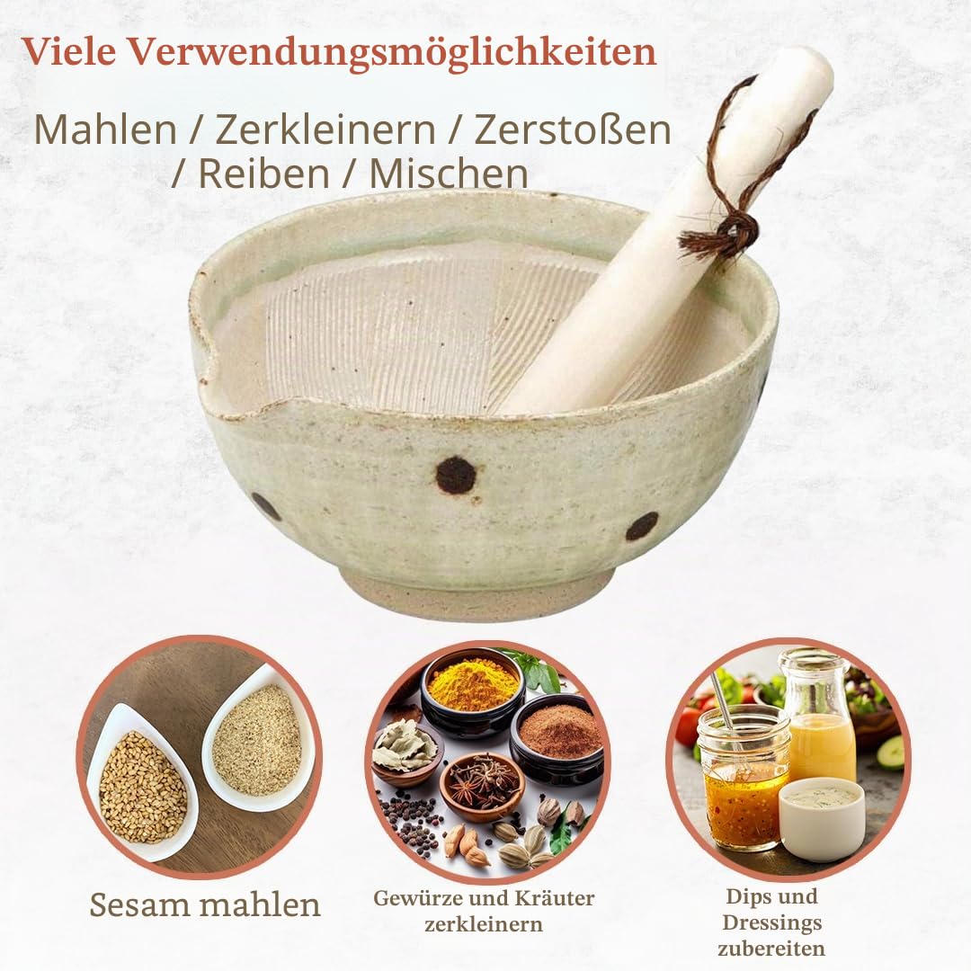 TIKUSAN Japanischer Keramik-Mörser und Stößel, Suribachi-Schüssel und Surikogi-Set mit Ausgießer, 18 cm, hergestellt in Japan (weiß)