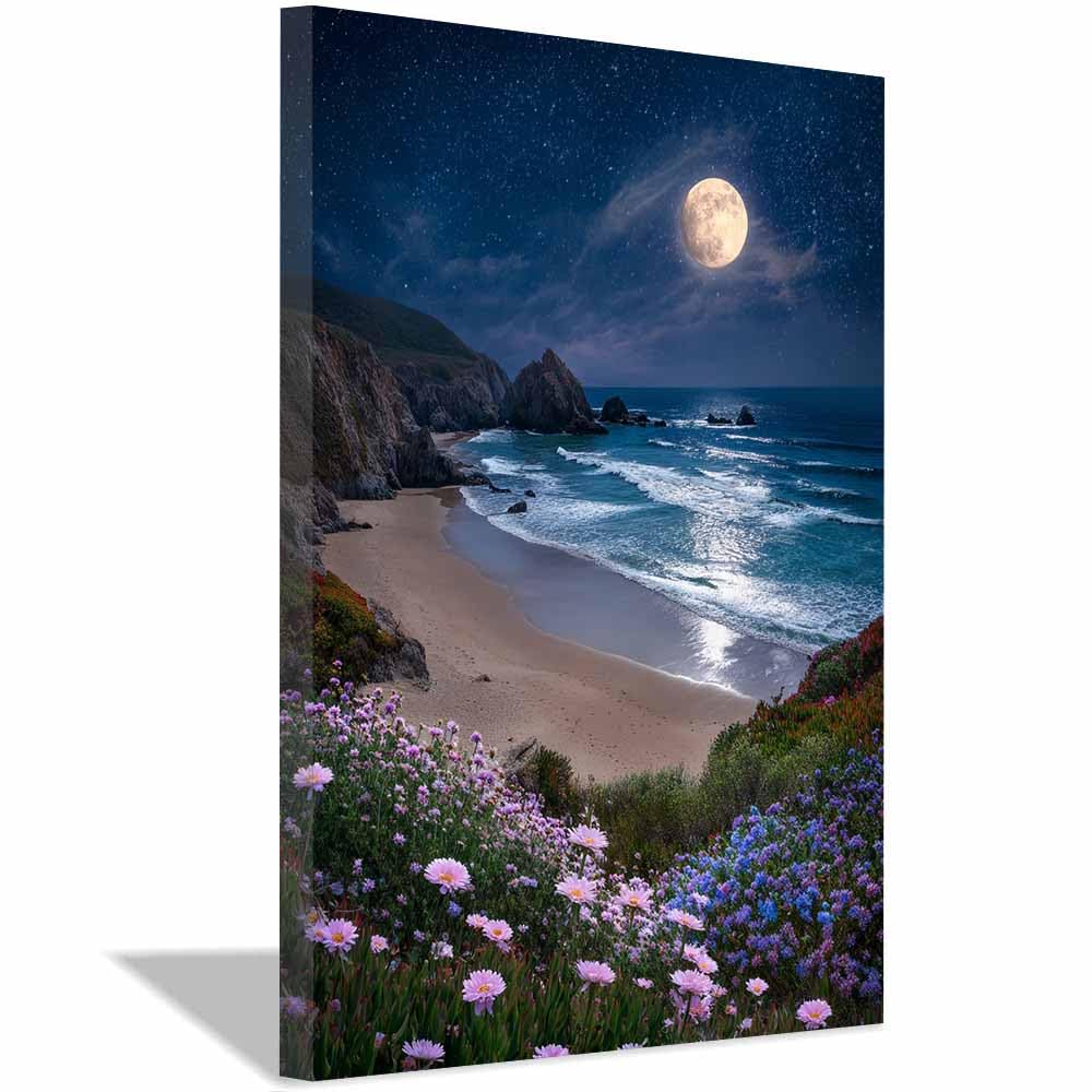 HOQIU Canvas Wall Art Moonlit Coastal Flower Beaches canvas art, art print, house decor, bedroom wall decor above bed, prints for living room.(Multicolor)-30x40cm Framed