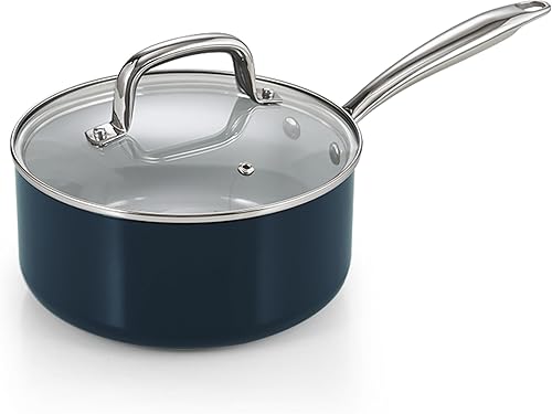 Cook N Home Sartén antiadherente con tapa de vidrio, cacerola pequeña de 3 cuartos de galón, utensilios de cocina de cerámica anodizada dura, ollas