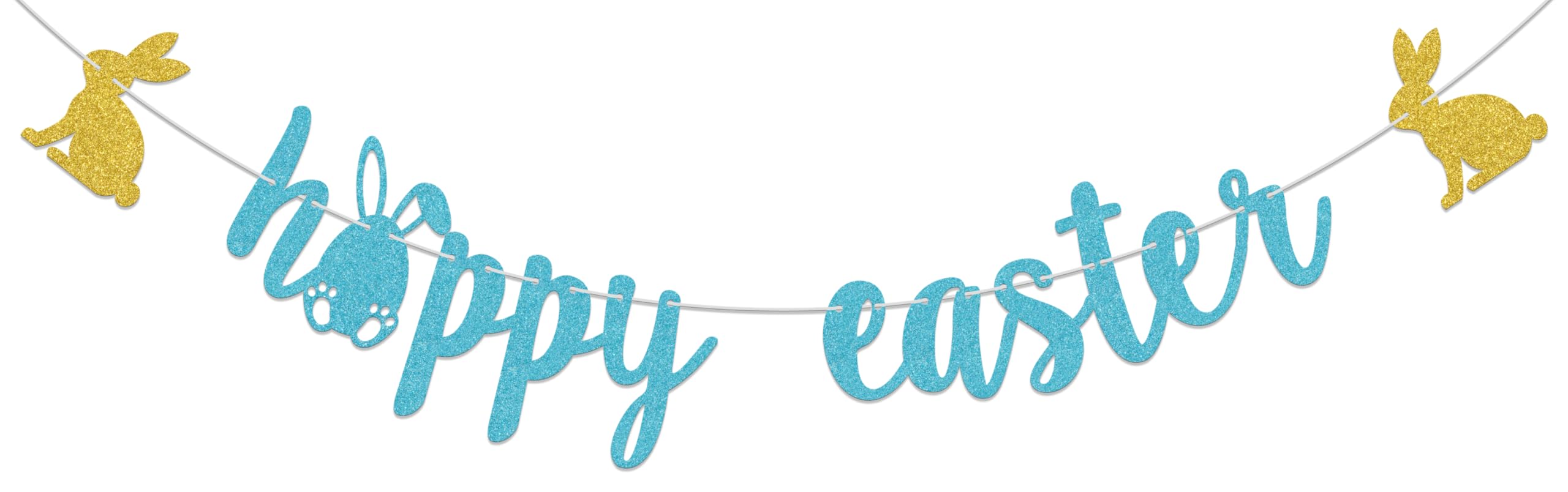 Hoppy Easter Banner - Easter Birthday Party Decoration - Bunny Baby Shower Decoration Light Blue Glitter