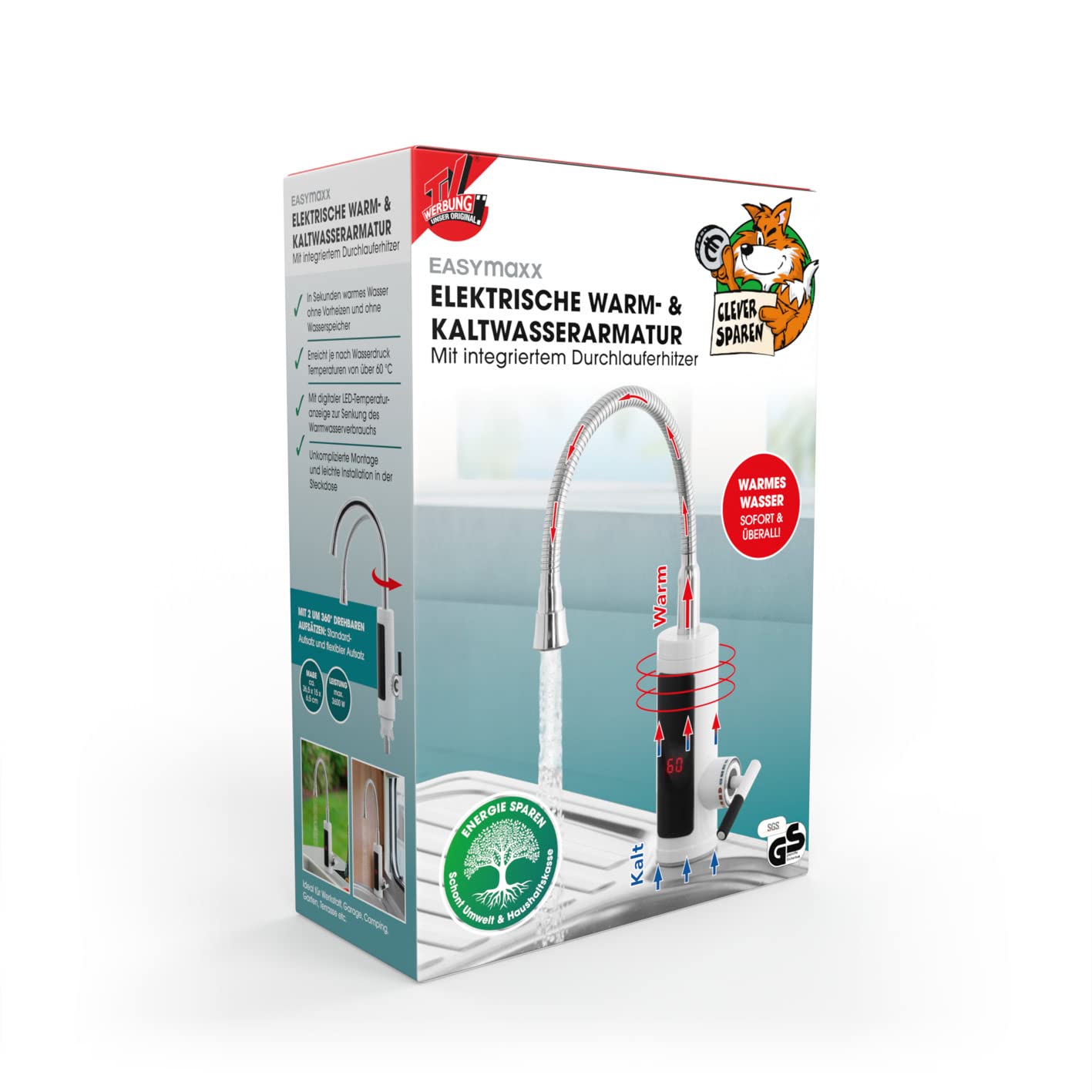 EASYmaxx Armatura do ciepłej i zimnej wody z przepływowym podgrzewaczem wody | z cyfrowym wskaźnikiem temperatury LED | idealna do warsztatu, garażu, na kemping, do ogrodu i na taras, łatwy montaż