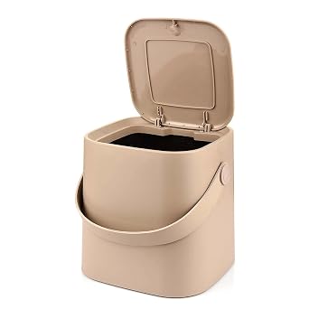 4L Mini Tezgah Üstü Çöp Kovası – Deri Tutma Saplı, Kompakt ve Şık Tasarım, Mutfak & Banyo için, Geri Dönüşüm Dostu (Latte, 4 Litre)