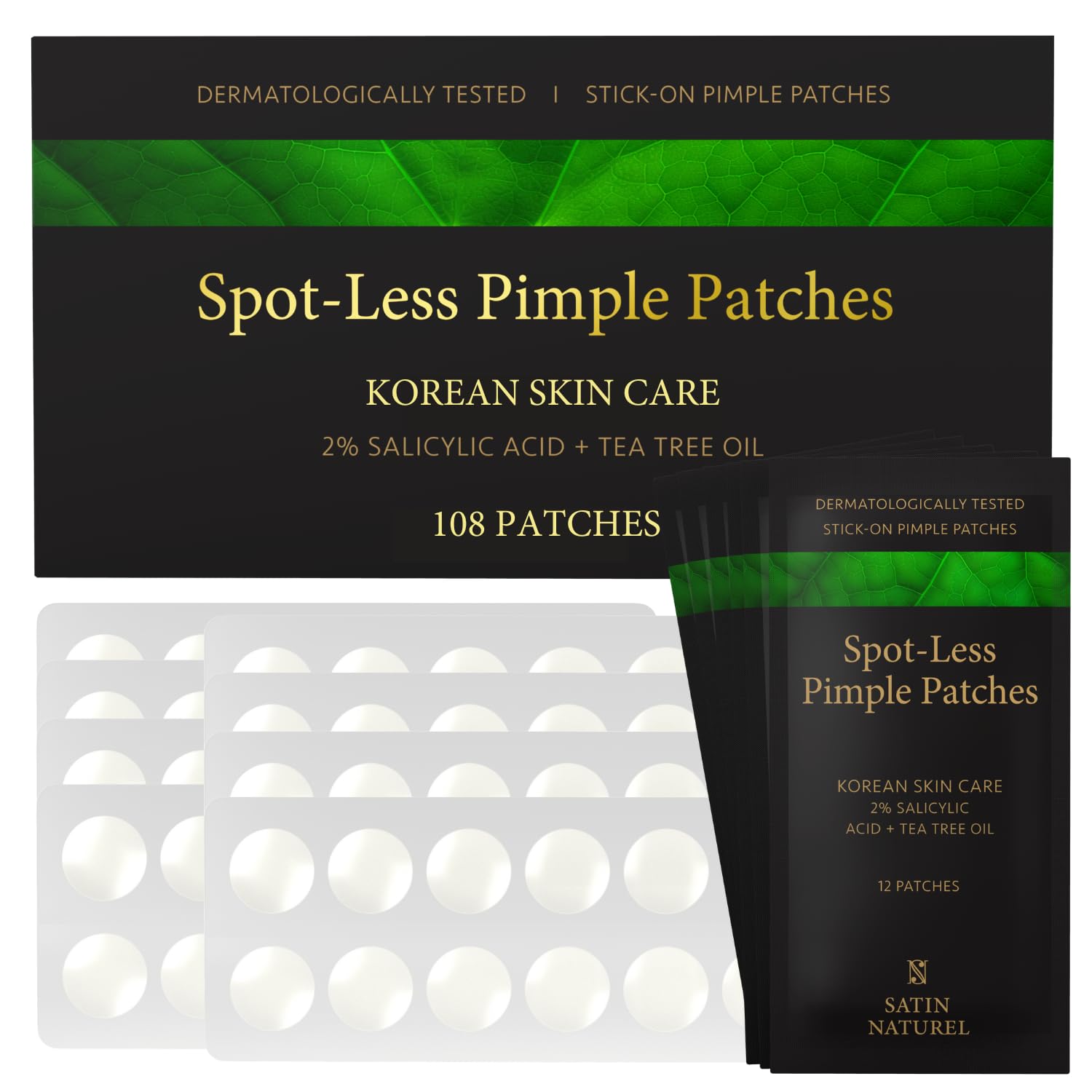 Satin Naturel Plastry na Pryszcze 108 szt. - Z 2% Kwasem Salicylowym, Olejkiem z Drzewa Herbacianego & Kwasem Hialuronowym - Hydrokoloidowe Plastry - Koreańska Pielęgnacja Skóry