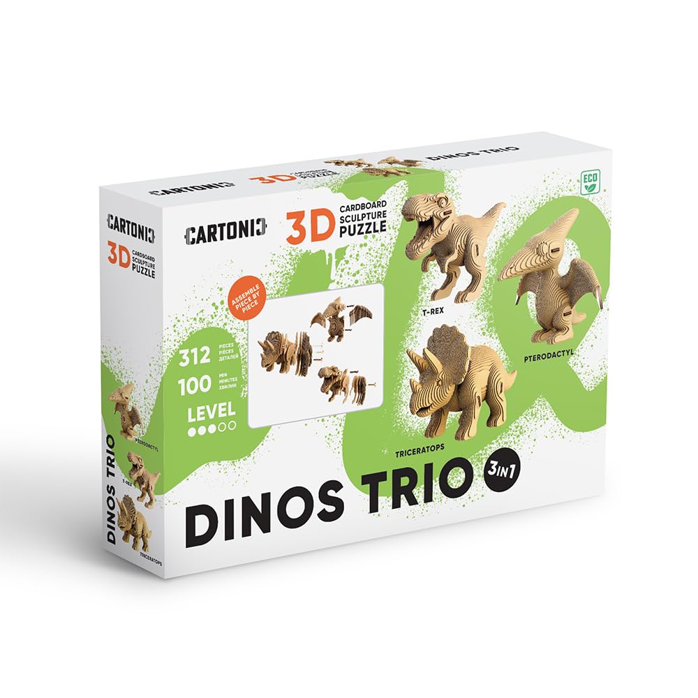 Dinosaurios Trio Puzzle 3D de Cartón – Set 3 en 1, 312 Piezas, Cartón Reciclado Sin Plástico, Escultura DIY para Pintar, Idea de Regalo