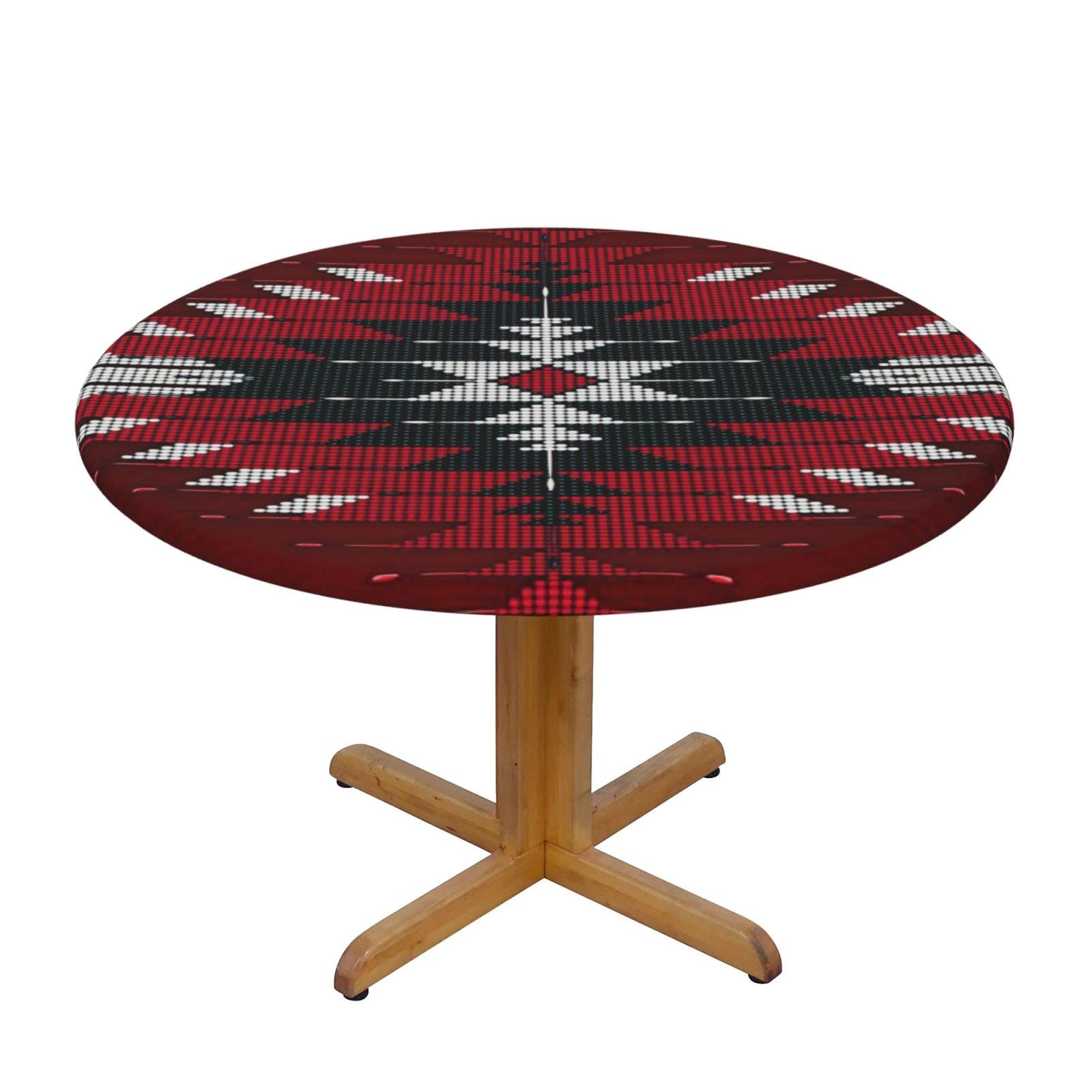 Lsjuee Round Fitted Tablecloth 45-50in Elastic Edged Table Cloth for Kitchen Dining Party Home Decor - Native American Tribe Red Pattern