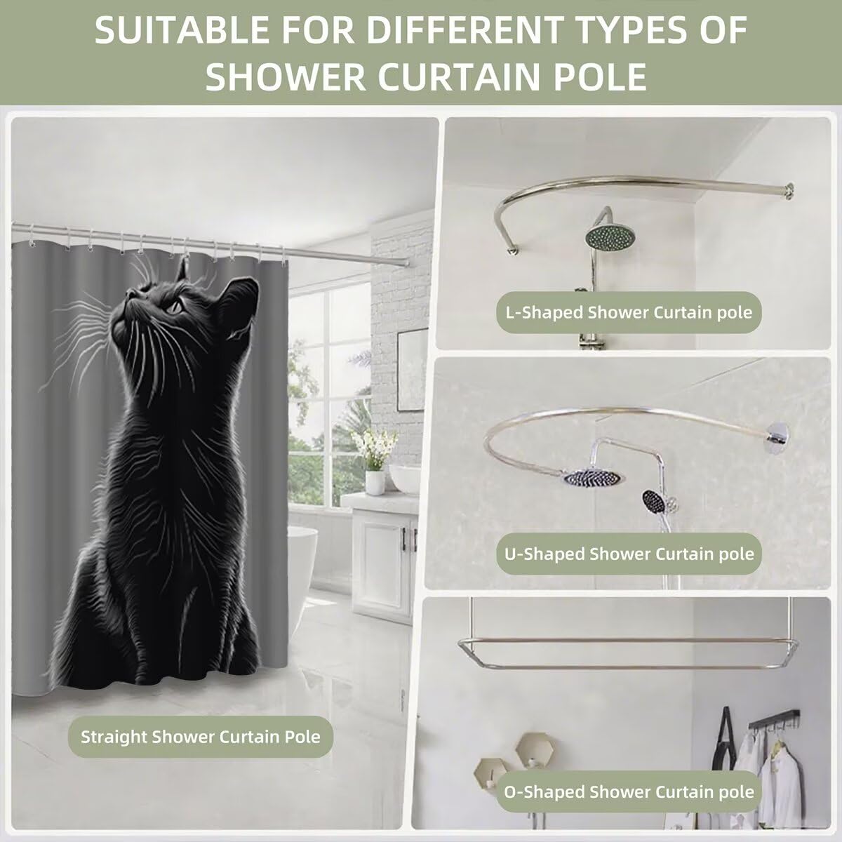 Grau Duschvorhang 240x200, Duschrollo mit 12 Duschvorhang Haken, Katze Shower Curtains Beschwerter Saum, Waschbar Polyester Stoff Wasserdicht Extra Lang für Badewanne Badezimmer Deko, Geschenke -4631