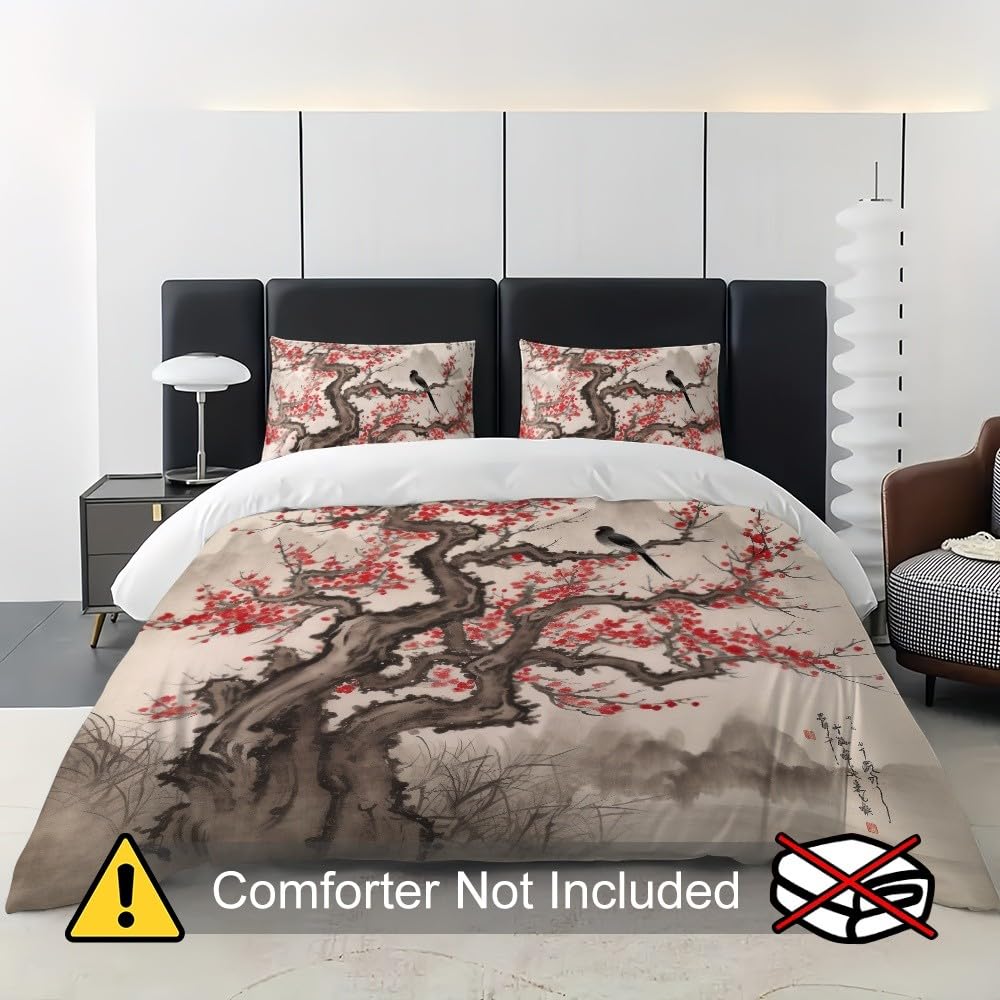 3-częściowy zestaw pościeli z mikrofibry malowanie tuszem kwiaty śliwki kwiaty poszwa na kołdrę 260 x 240 cm dla 2 osób, zestaw pościeli brązowy miękka poszwa na kołdrę dla dzieci dorosłych