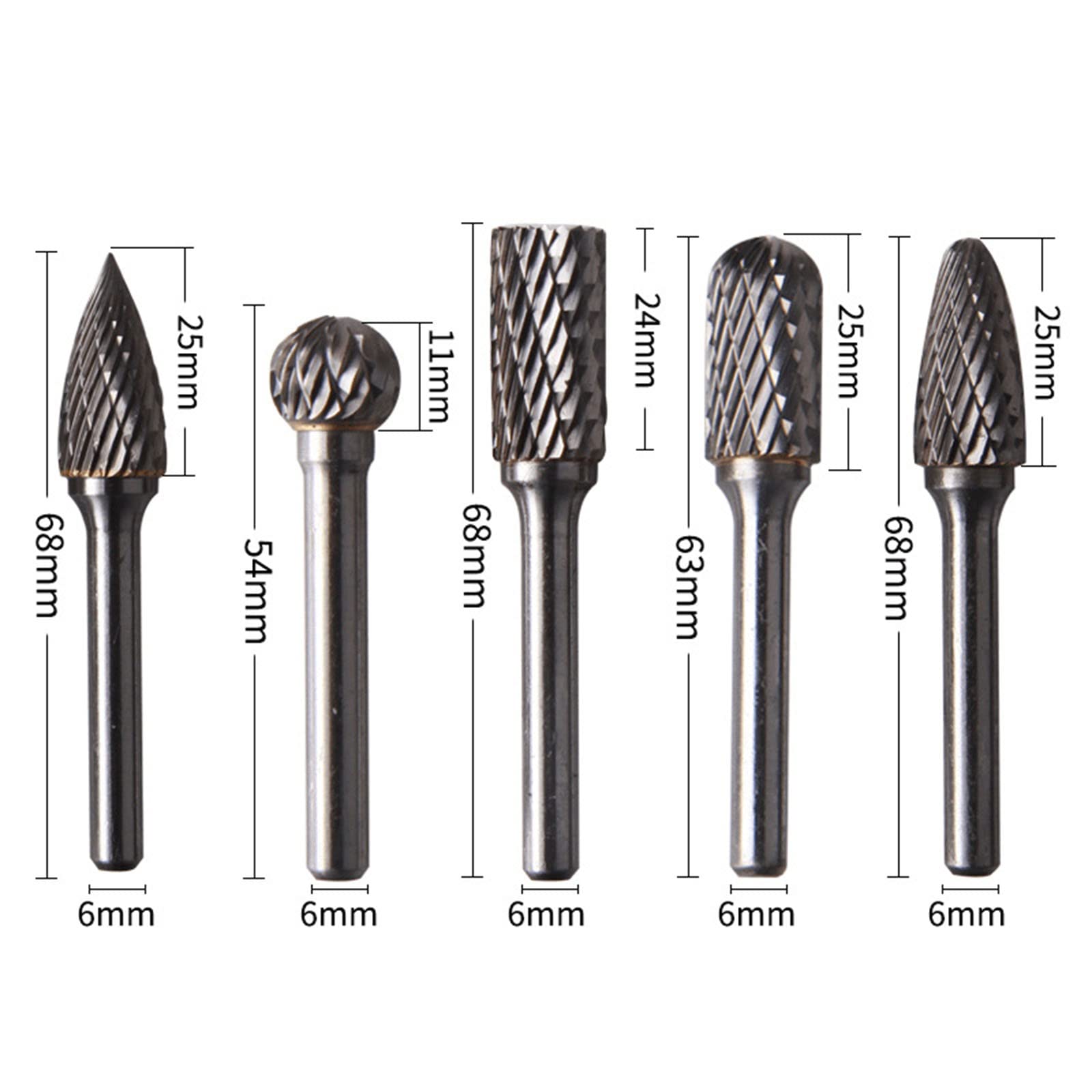 BIGP Set di 5 Frese rotanti in metallo, Set Frese Rotative, Frese rotative in metallo duro con gambo da 6 mm, Fai Da Te Lavorazione del Legno Trapanatura Intaglio Incisione Bava Rotante