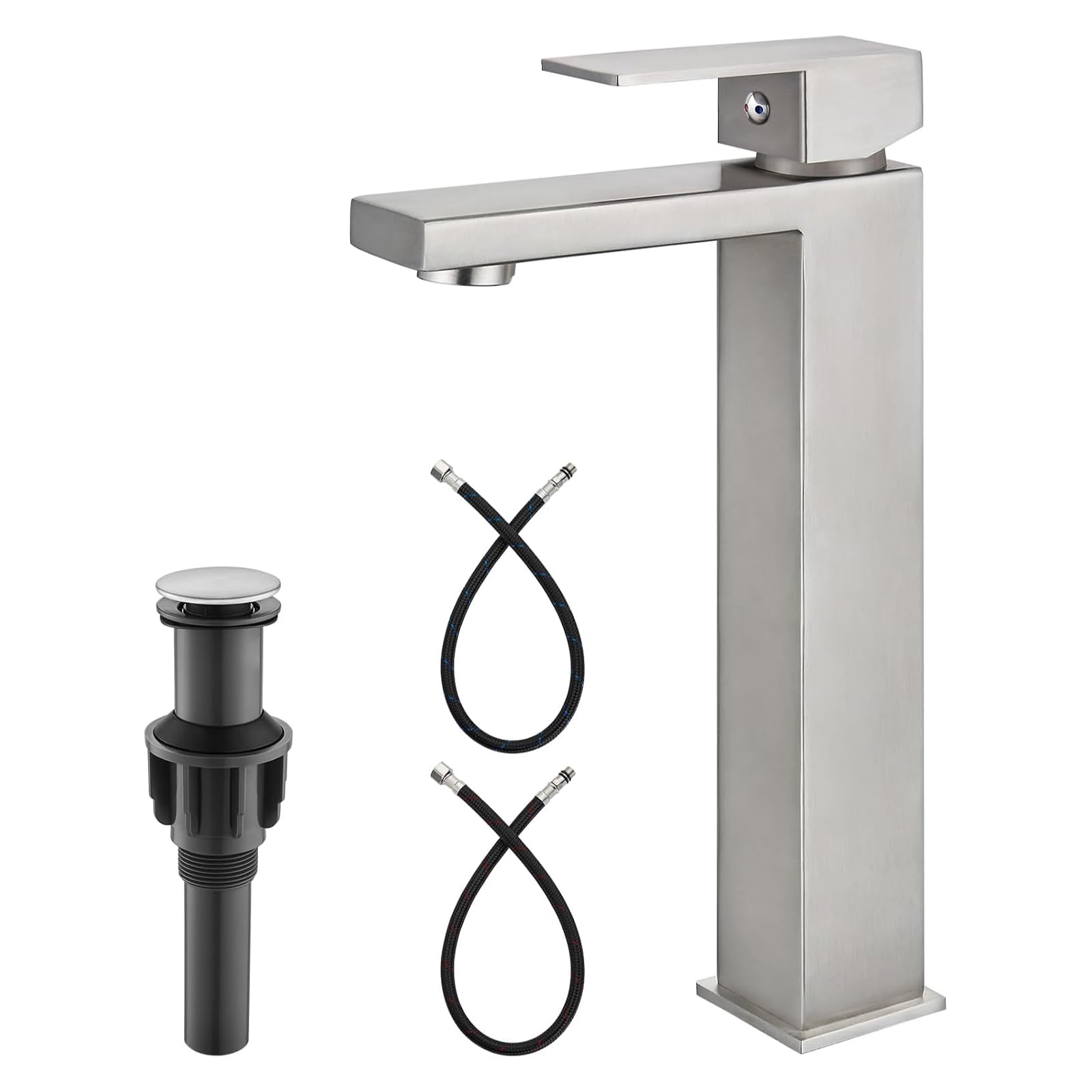 Hcfyauis Brushed Nickel Bathroom Vessel Sink Faucet Restroom Faucet Single Handle Basin Bowl Tap Sus304 Stainless Steel Tall Body 1 Hole Lavatory Vanity Mixer Bar Tap, With Drain,