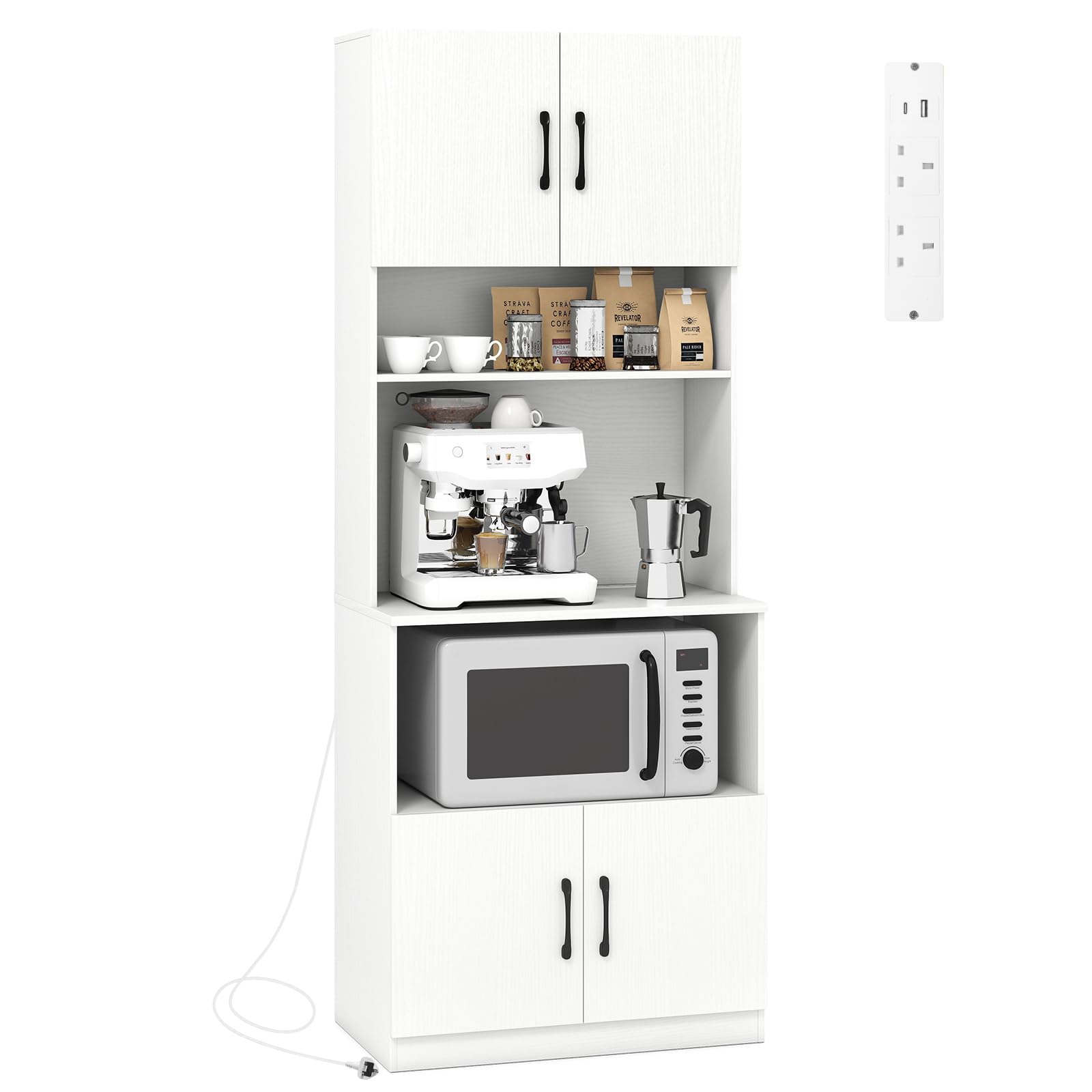 COSTWAY 168cm Tall Kitchen Cupboard, 4-Door Buffet Pantry Storage Cabinet with Built-in Power Outlet, 2 Adjustable Shelves & Anti-tipping Device, Modern Sideboard Unit (3 Open Shelves)