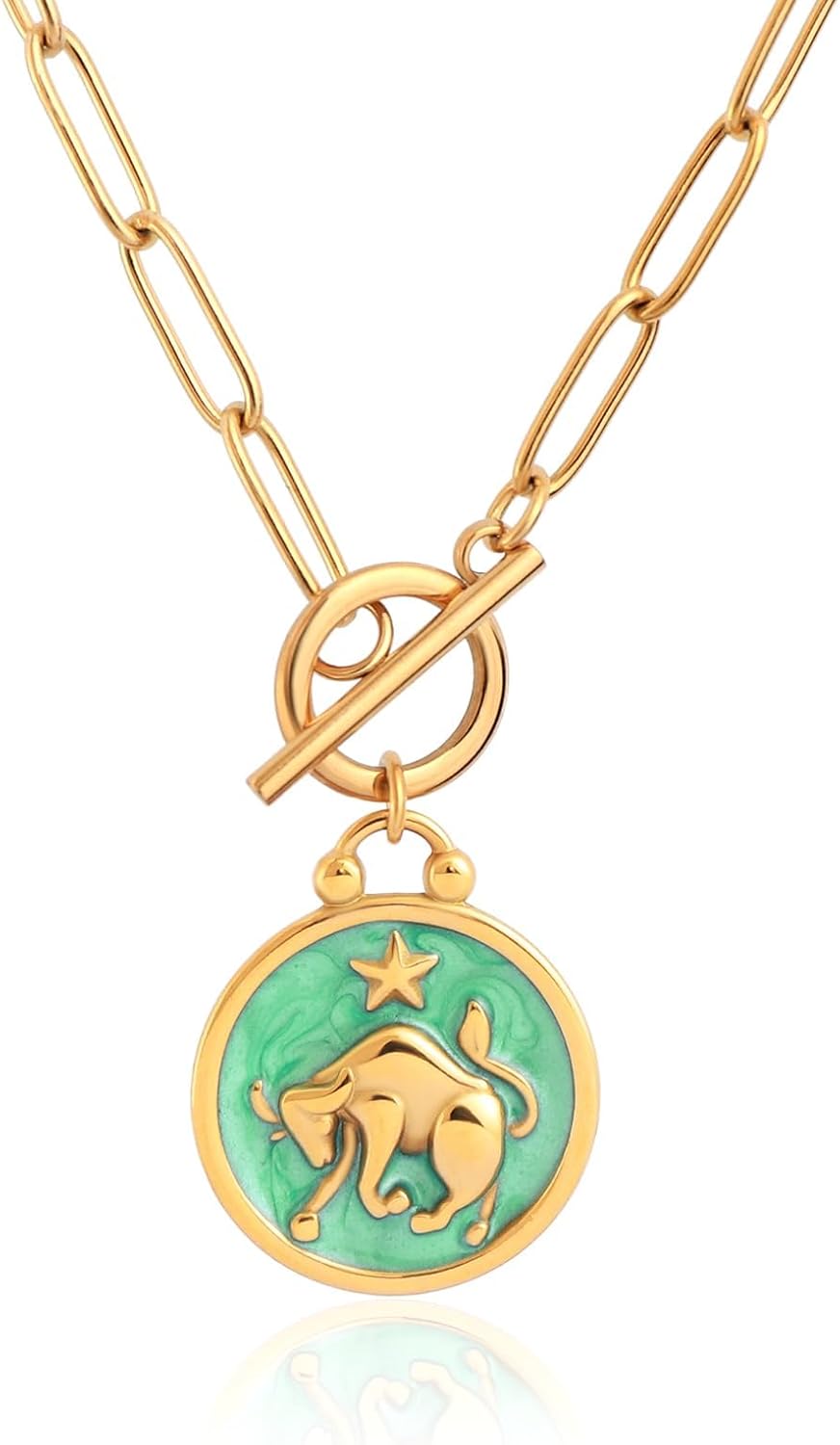 Zodiac Necklace Paperclip Toggle Pendant 12 Constellation Paper Clip Chain Necklace Horoscope Astrology Pendant Zodiac Sign Jewelry Valentine's Day Birthday Gift for Women