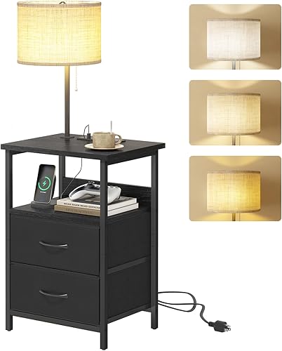 Miniatura 20 de Fixwal Mesita de noche con 3 cajones de tela, mesita de noche para dormitorio, mesita de noche con estación de carga, mesa auxiliar con Marrón